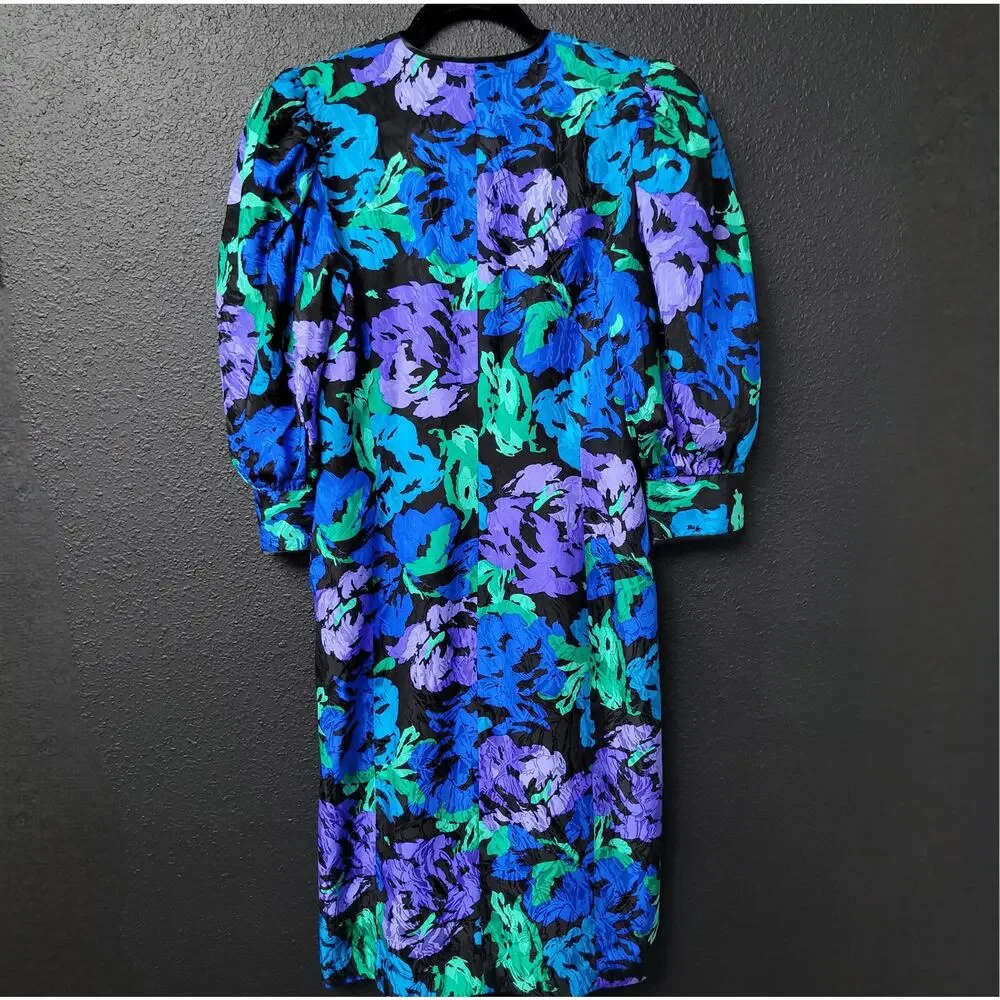 Vintage Silk Studio 100% Silk Floral Midi Dress Size 4 80s 90s Puff Sleeve